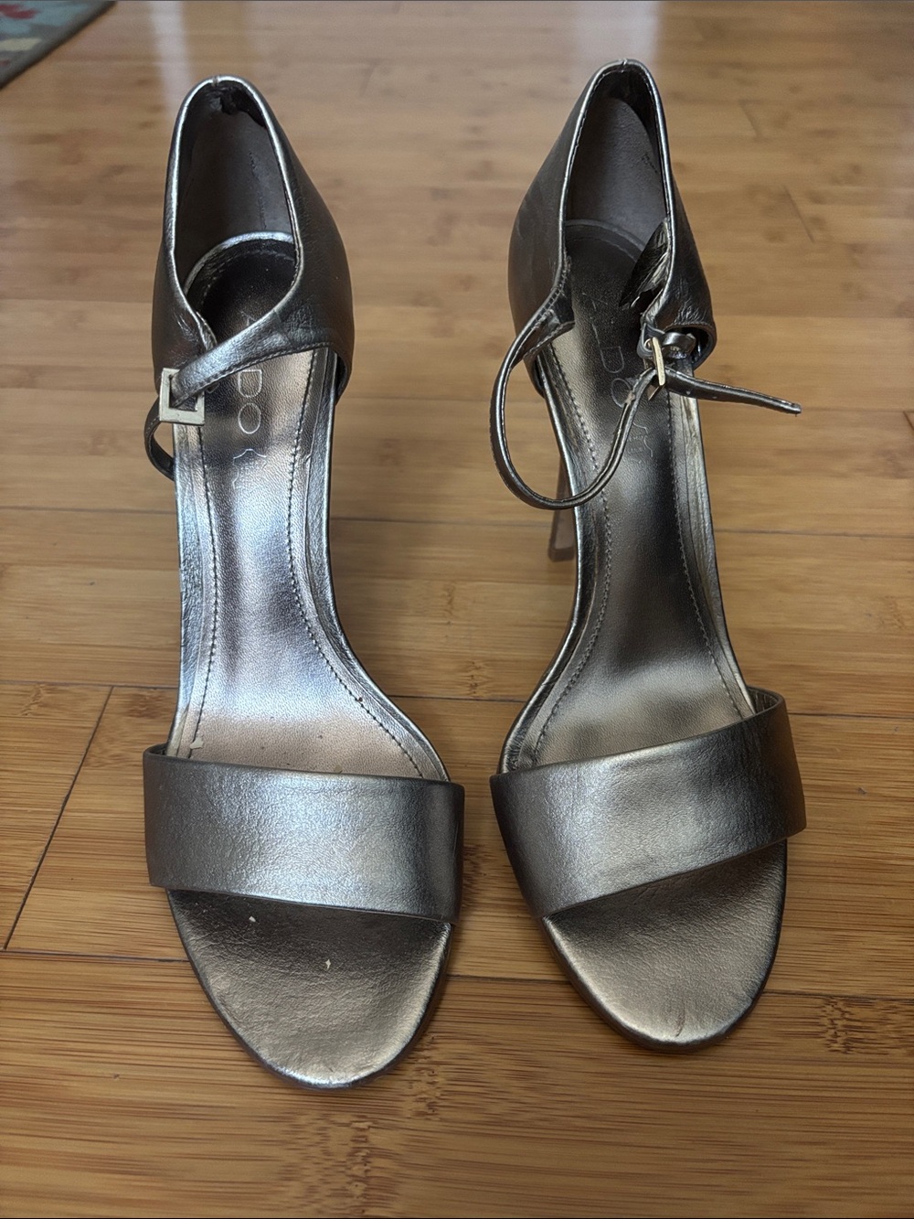 Aldo Metallic Pewter Ankle-Strap Heeled Sandals